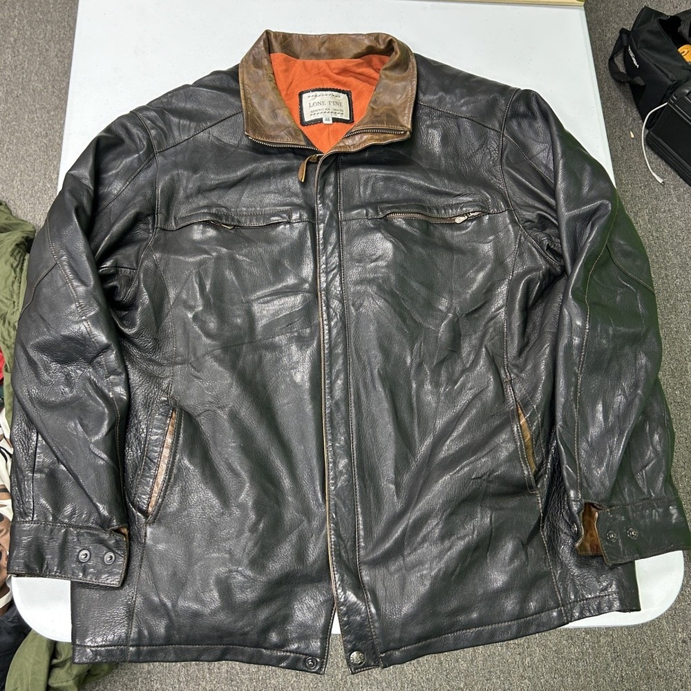 Lone Pine Leather Jacket Mens XL Black Brown Collar Zip Up Rugged Outerwear